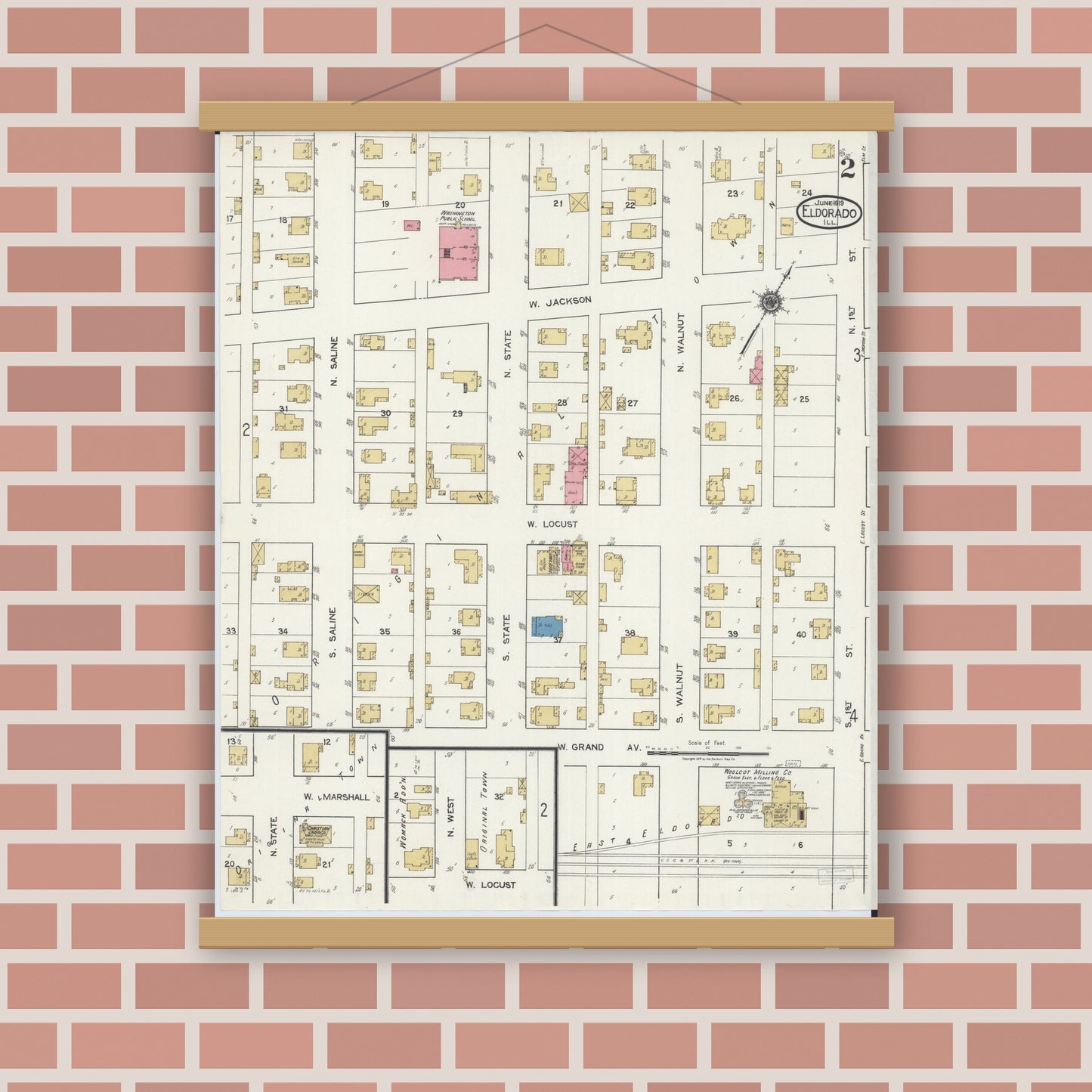 Old map wall art mockup — magnetic wood frame on brick wall — Sanborn Fire Insurance Map from Eldorado, Saline County, Illinois (1919), Sheet #0002