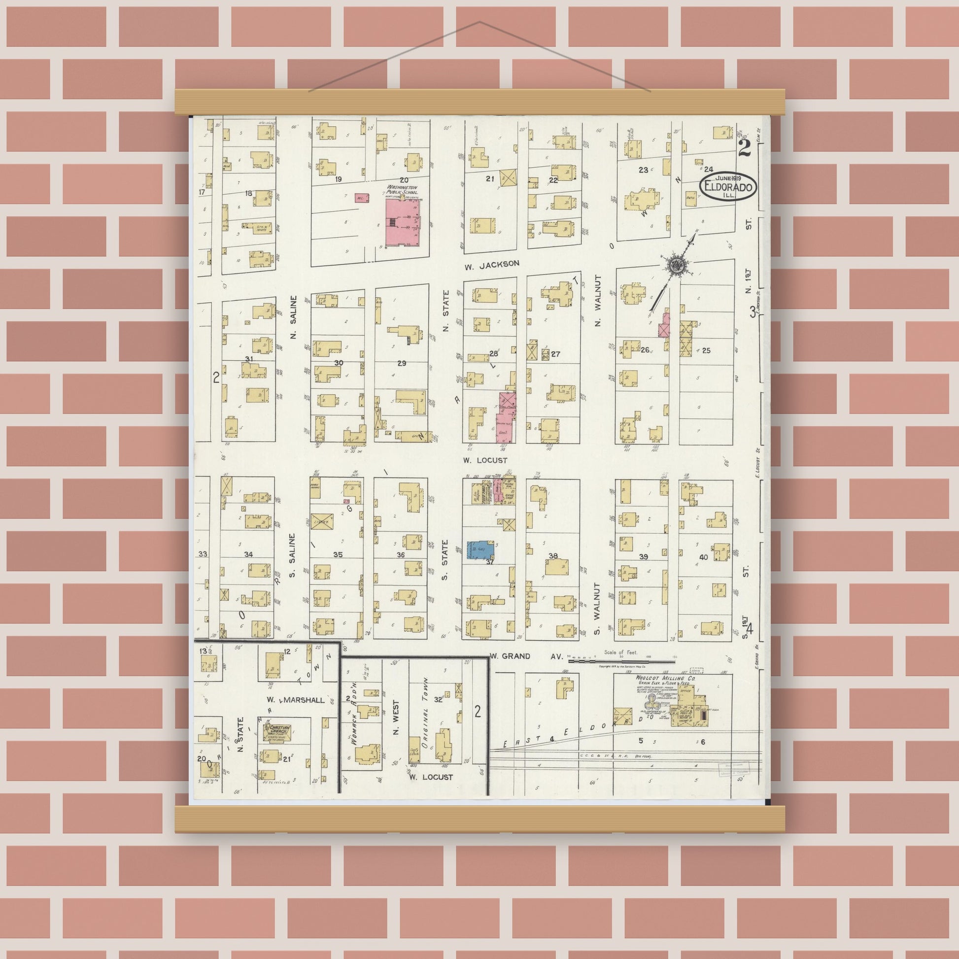 Old map wall art mockup — magnetic wood frame on brick wall — Sanborn Fire Insurance Map from Eldorado, Saline County, Illinois (1919), Sheet #0002