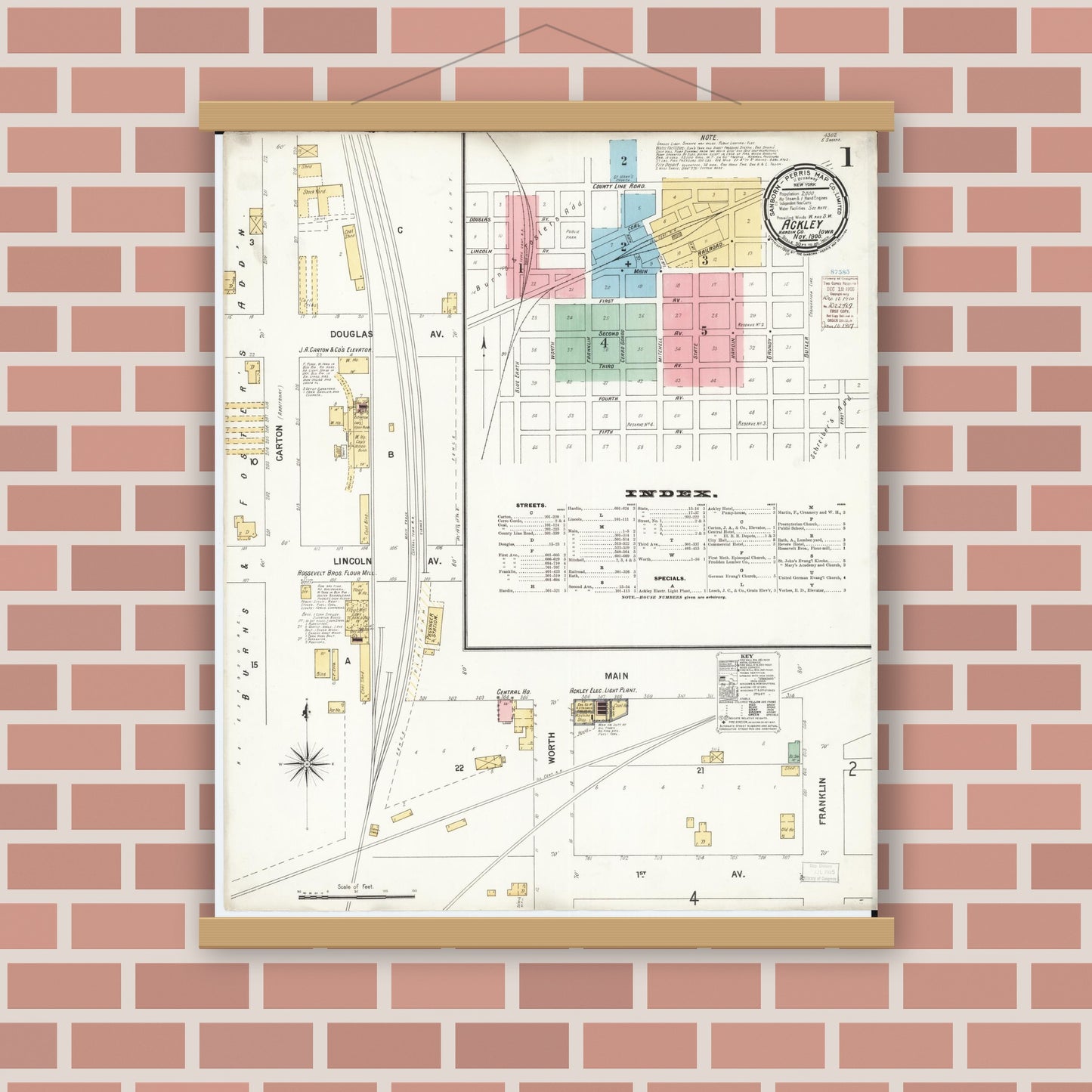 Old map wall art mockup — magnetic wood frame on brick wall — Sanborn Fire Insurance Map from Ackley, Hardin and Franklin Counties, Iowa (1900) â€” Complete Set