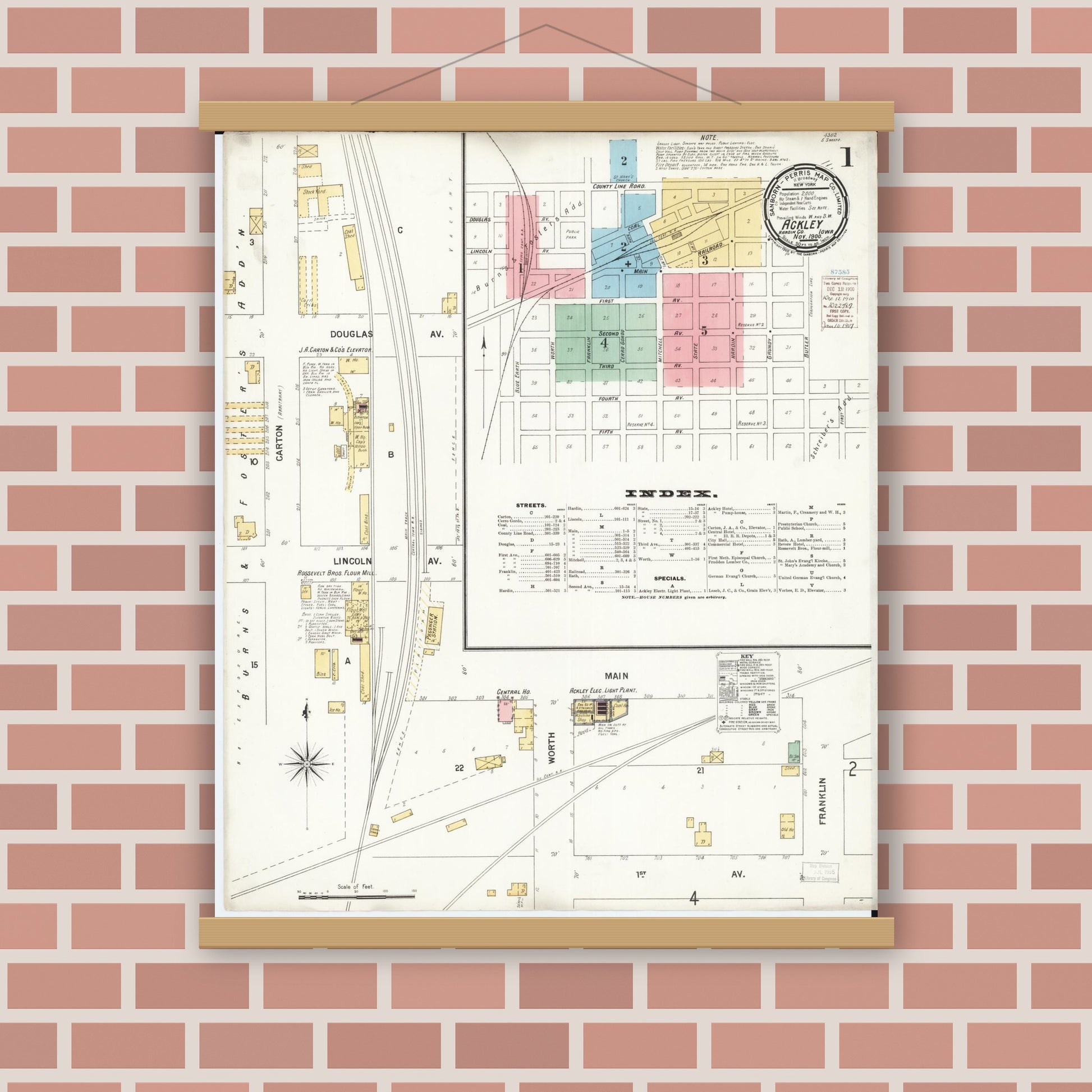 Old map wall art mockup — magnetic wood frame on brick wall — Sanborn Fire Insurance Map from Ackley, Hardin and Franklin Counties, Iowa (1900) â€” Complete Set