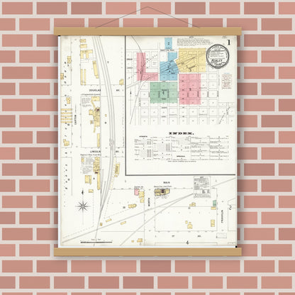 Old map wall art mockup — magnetic wood frame on brick wall — Sanborn Fire Insurance Map from Ackley, Hardin and Franklin Counties, Iowa (1900) â€” Complete Set