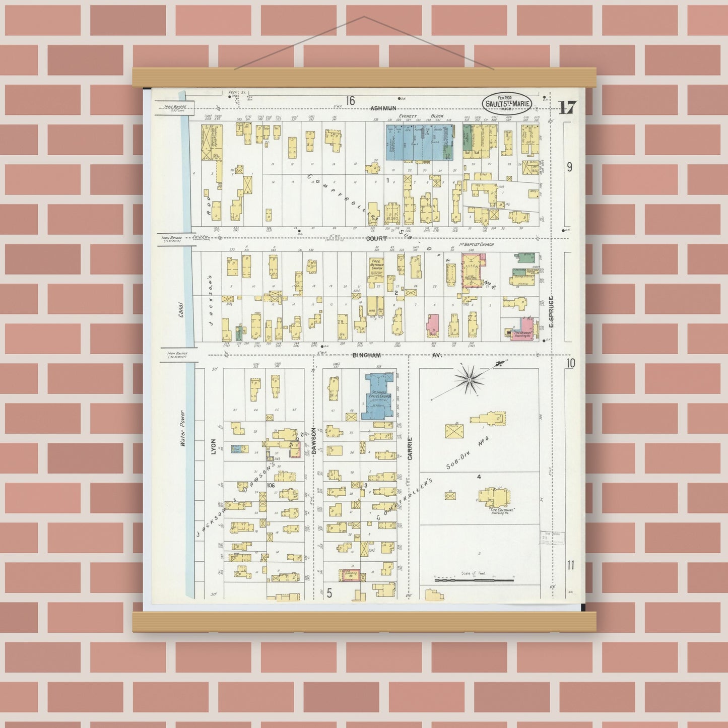 Old map wall art mockup — magnetic wood frame on brick wall — Sanborn Fire Insurance Map from Sault Sainte Marie, Chippewa County, Michigan (1902), Sheet #0017