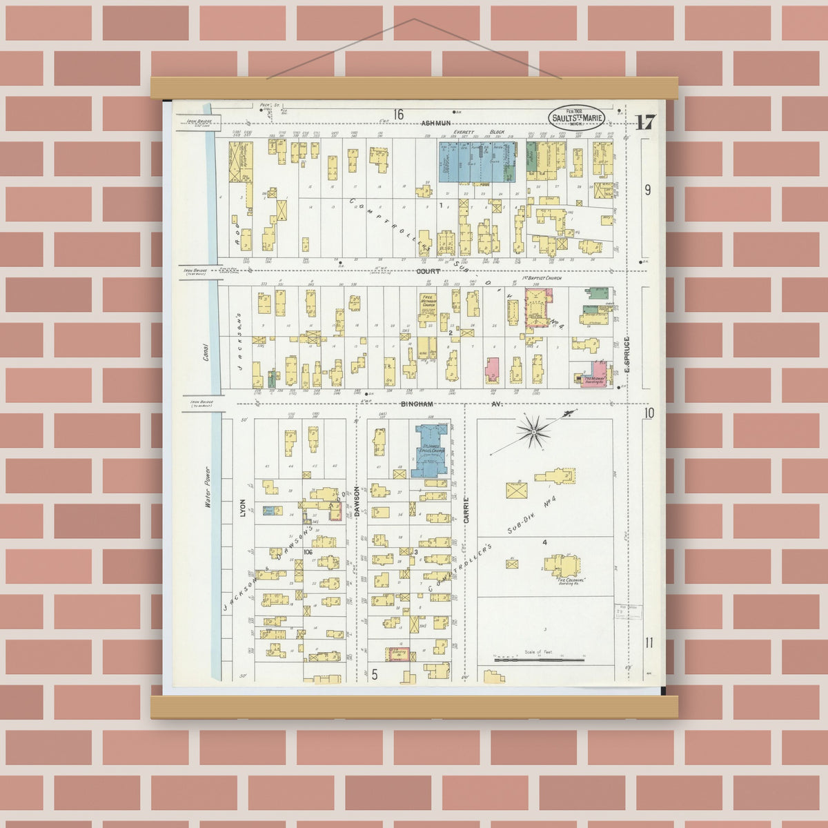 Old map wall art mockup — magnetic wood frame on brick wall — Sanborn Fire Insurance Map from Sault Sainte Marie, Chippewa County, Michigan (1902), Sheet #0017