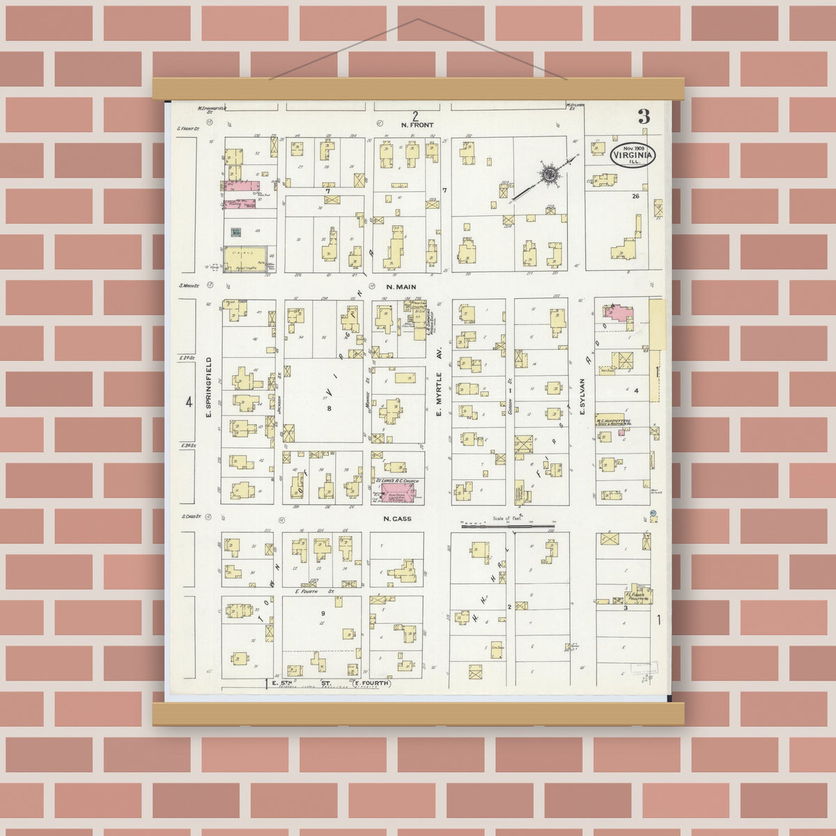 Old map wall art mockup — magnetic wood frame on brick wall — Sanborn Fire Insurance Map from Virginia, Cass County, Illinois (1909), Sheet #0003