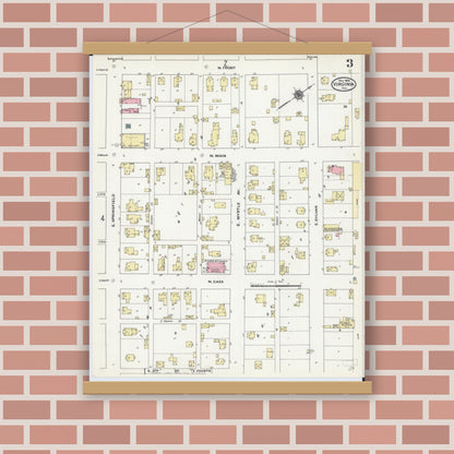 Old map wall art mockup — magnetic wood frame on brick wall — Sanborn Fire Insurance Map from Virginia, Cass County, Illinois (1909), Sheet #0003
