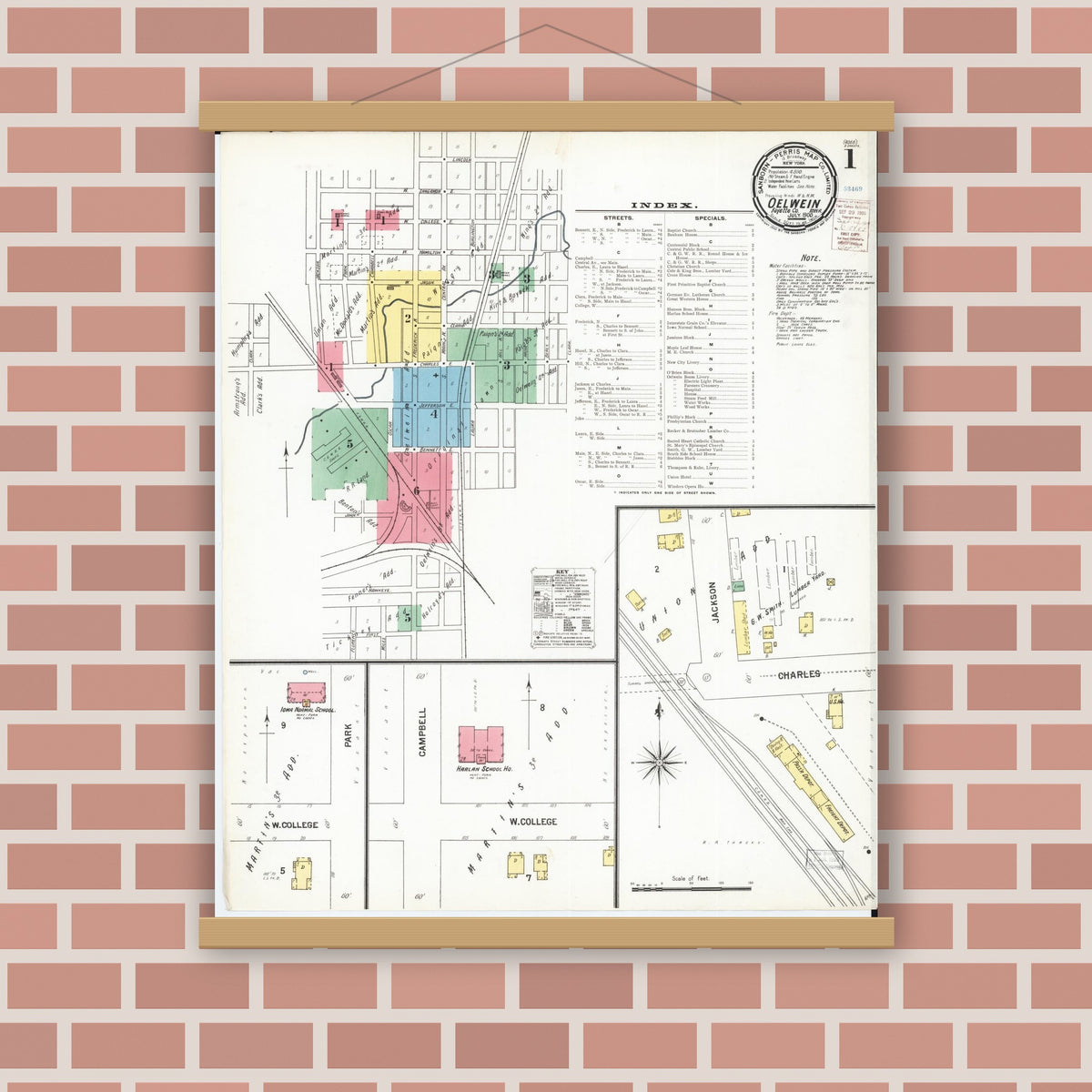 Old map wall art mockup — magnetic wood frame on brick wall — Sanborn Fire Insurance Map from Oelwein, Fayette County, Iowa (1900) â€” Complete Set