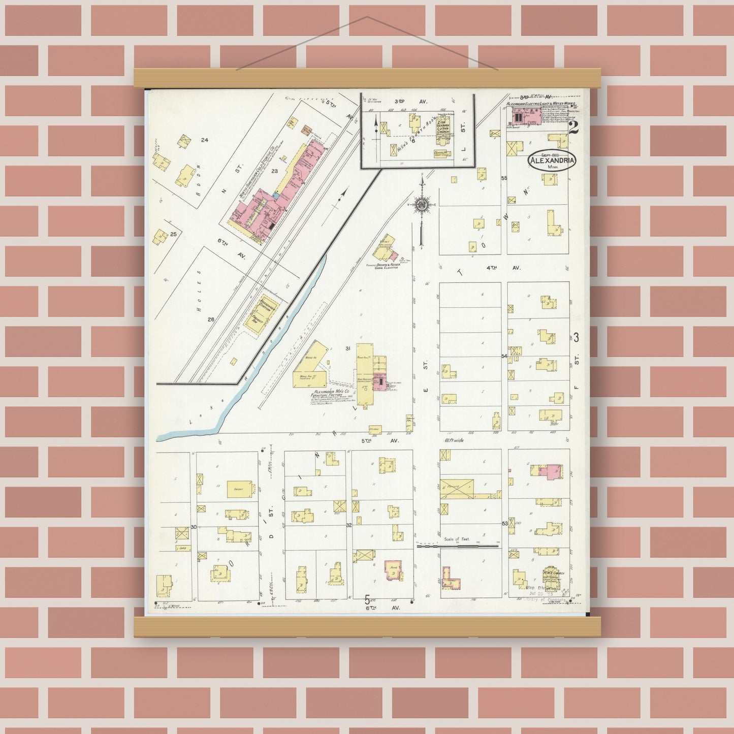 Old map wall art mockup — magnetic wood frame on brick wall — Sanborn Fire Insurance Map from Alexandria, Douglas County, Minnesota (1909), Sheet #0002
