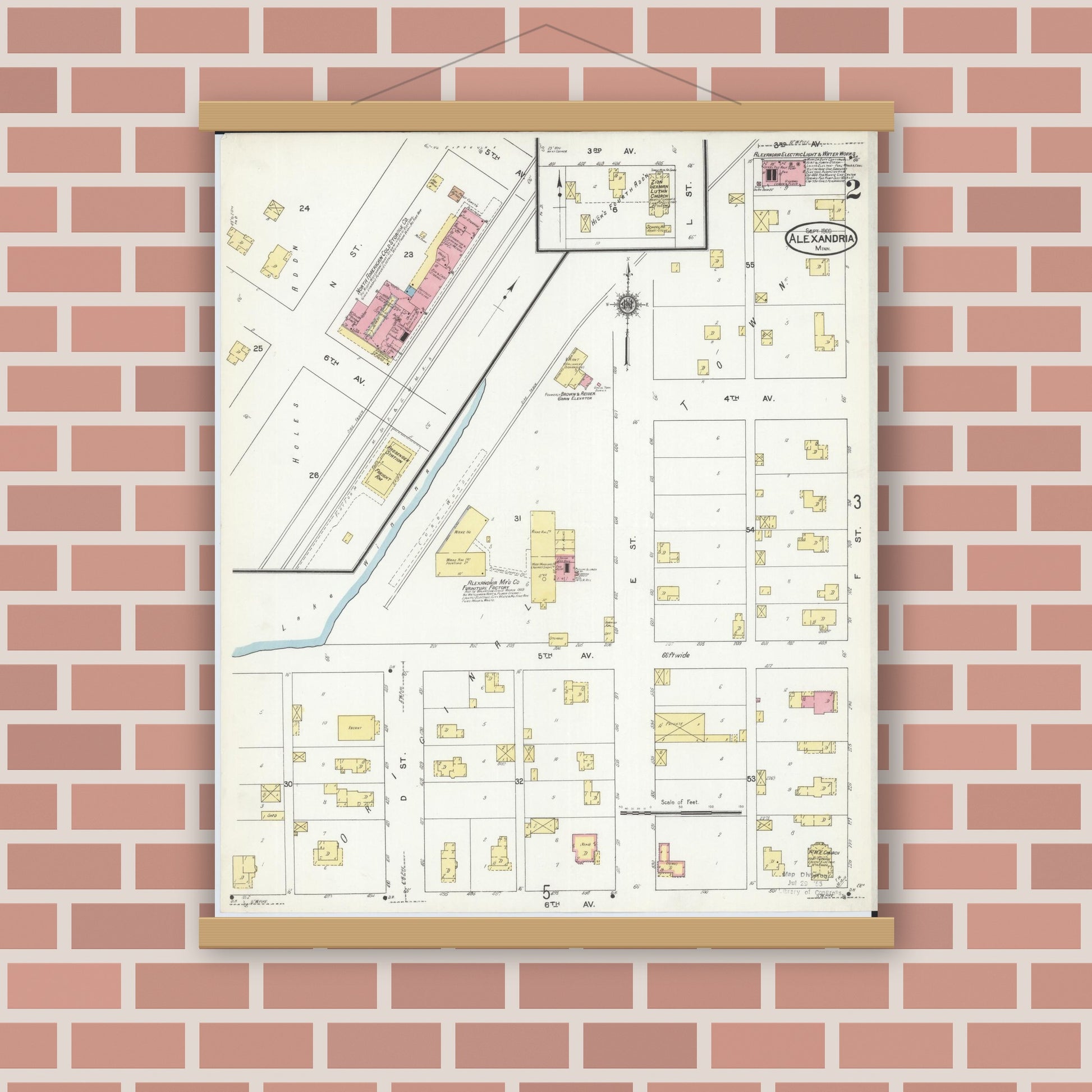 Old map wall art mockup — magnetic wood frame on brick wall — Sanborn Fire Insurance Map from Alexandria, Douglas County, Minnesota (1909), Sheet #0002