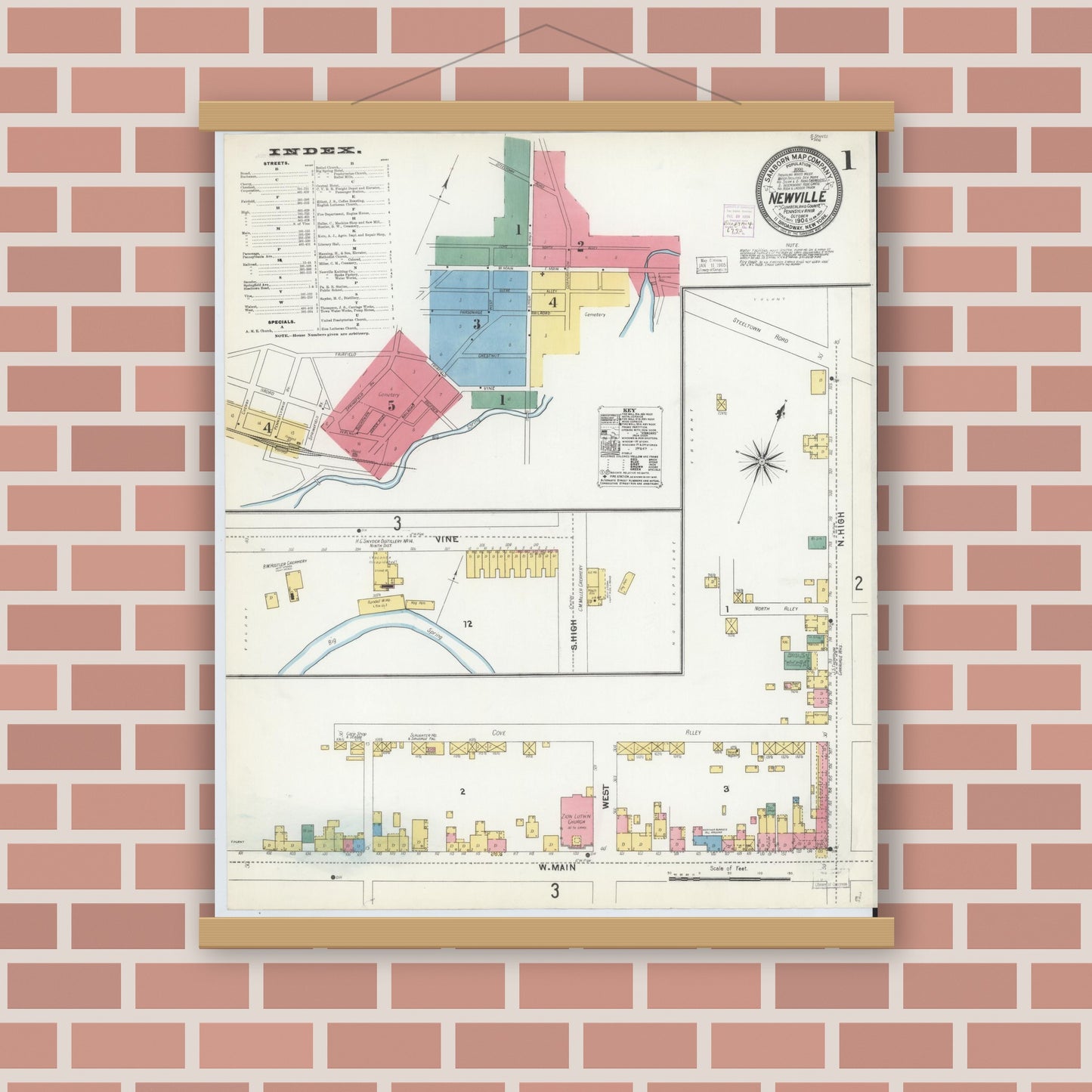 Old map wall art mockup — magnetic wood frame on brick wall — Sanborn Fire Insurance Map from Newville, Cumberland County, Pennsylvania (1904) - Complete Map Set
