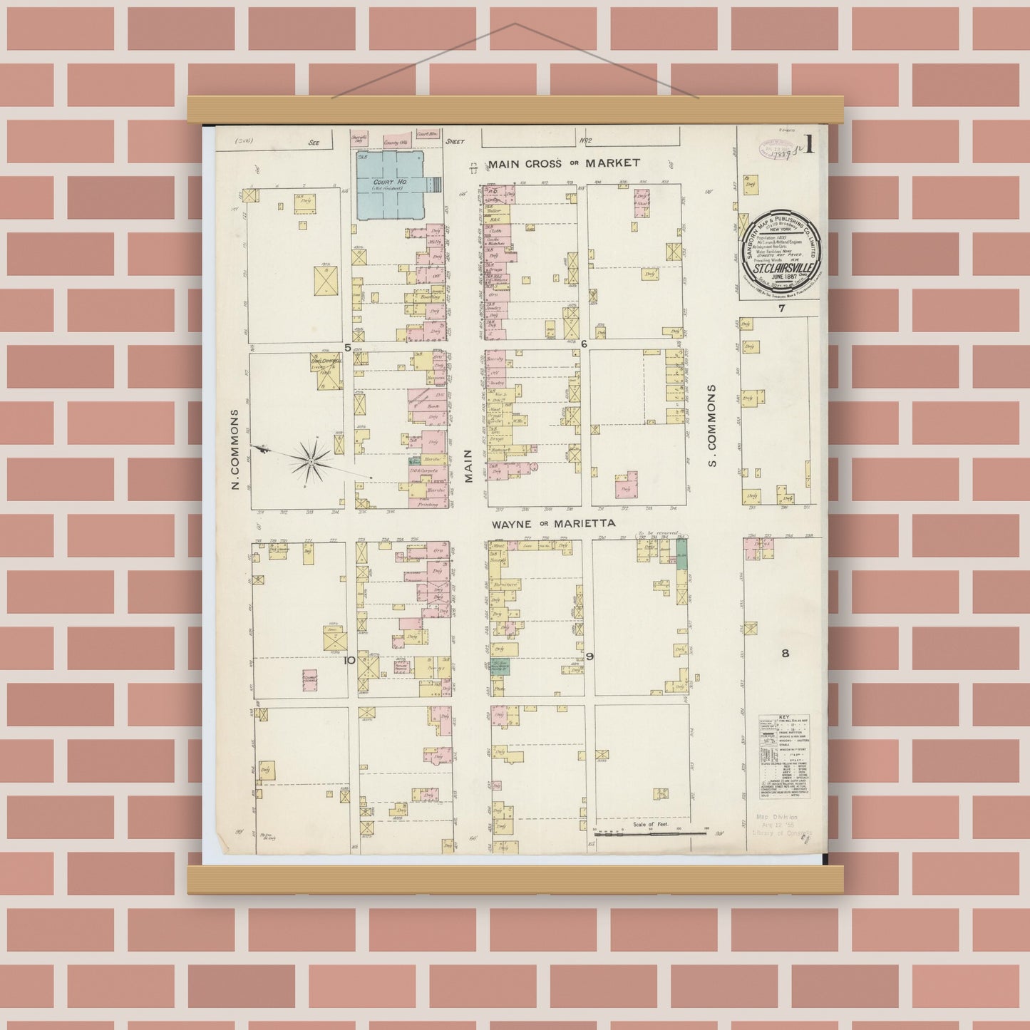 Old map wall art mockup — magnetic wood frame on brick wall — Sanborn Fire Insurance Map from Saint Clairsville, Belmont County, Ohio (1887) - Complete Map Set