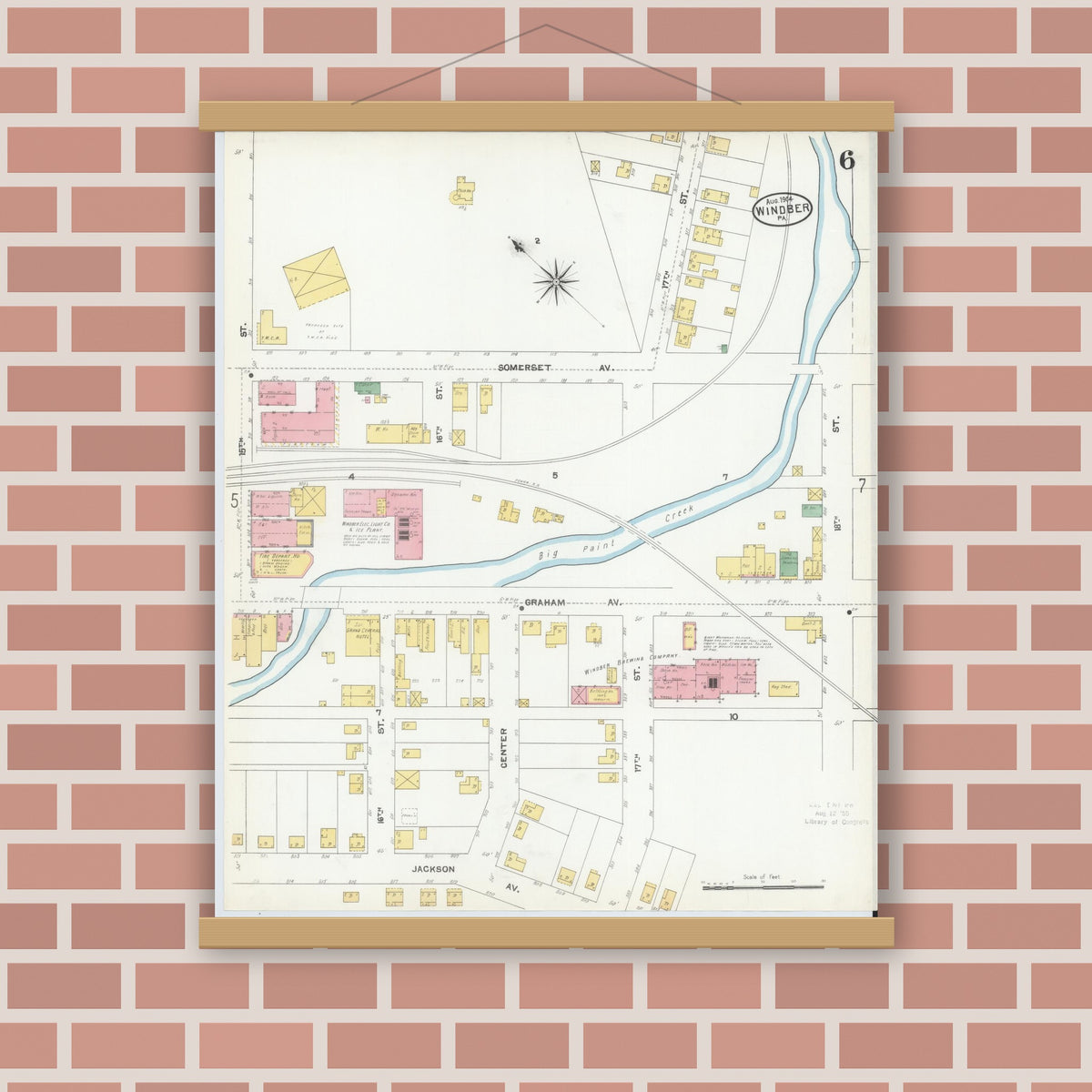 Old map wall art mockup — magnetic wood frame on brick wall — Sanborn Fire Insurance Map from Windber, Somerset County, Pennsylvania (1904), Sheet #0006