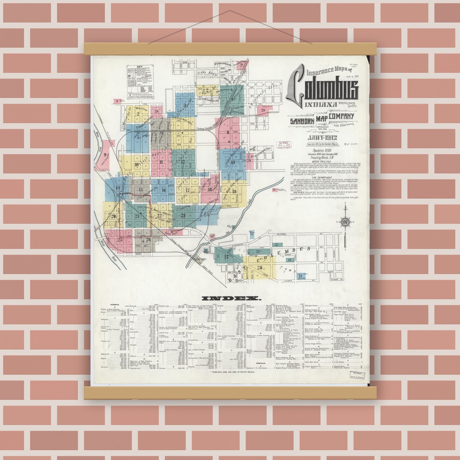 Old map wall art mockup — magnetic wood frame on brick wall — Sanborn Fire Insurance Map from Columbus, Bartholomew County, Indiana (1912), Sheet #0001