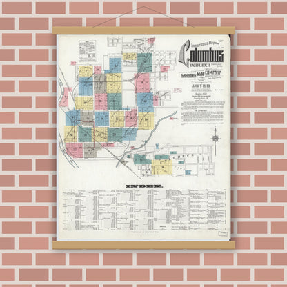 Old map wall art mockup — magnetic wood frame on brick wall — Sanborn Fire Insurance Map from Columbus, Bartholomew County, Indiana (1912), Sheet #0001