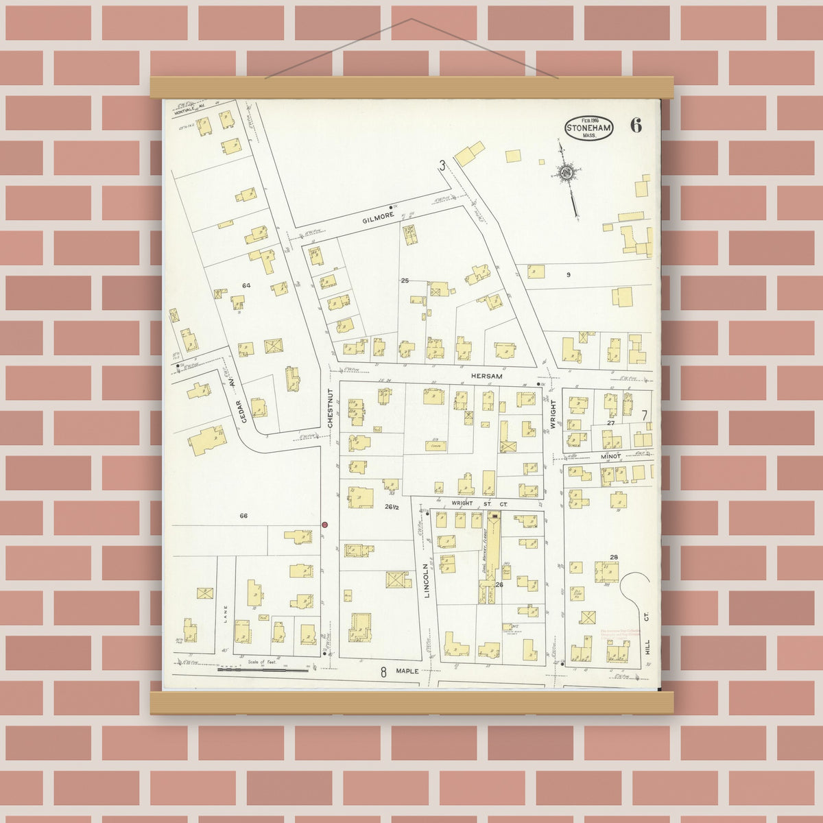 Old map wall art mockup — magnetic wood frame on brick wall — Sanborn Fire Insurance Map from Stoneham, Middlesex County, Massachusetts (1916), Sheet #0006