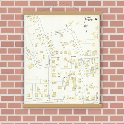Old map wall art mockup — magnetic wood frame on brick wall — Sanborn Fire Insurance Map from Stoneham, Middlesex County, Massachusetts (1916), Sheet #0006