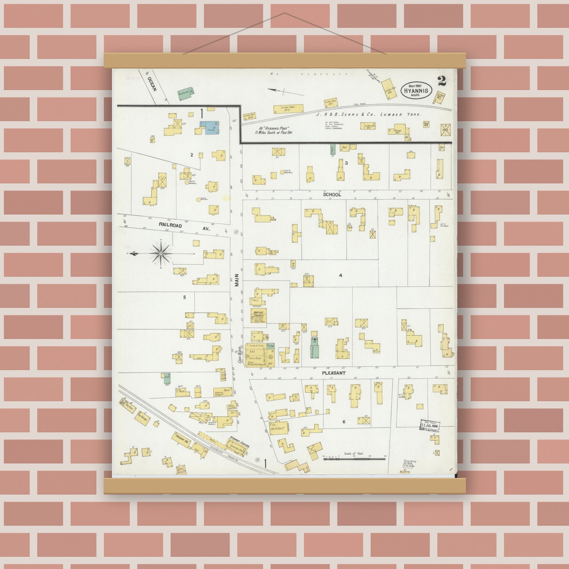 Old map wall art mockup — magnetic wood frame on brick wall — Sanborn Fire Insurance Map from Hyannis, Barnstable County, Massachusetts (1901), Sheet #0003