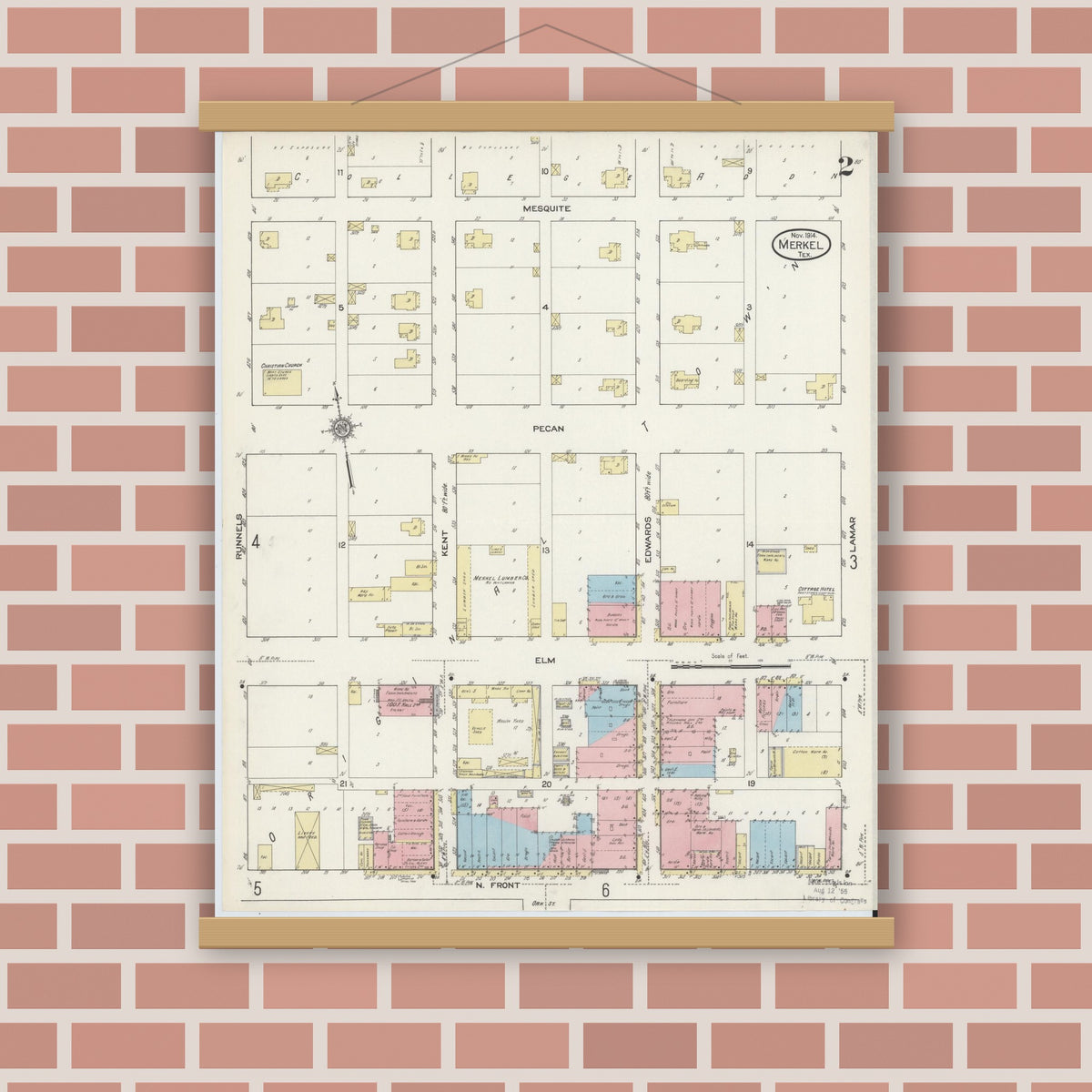 Old map wall art mockup — magnetic wood frame on brick wall — Sanborn Fire Insurance Map from Merkel, Taylor County, Texas (1914), Sheet #0002