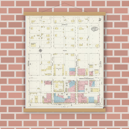 Old map wall art mockup — magnetic wood frame on brick wall — Sanborn Fire Insurance Map from Merkel, Taylor County, Texas (1914), Sheet #0002