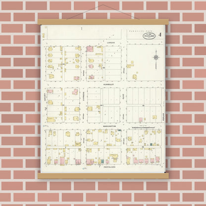 Old map wall art mockup — magnetic wood frame on brick wall — Sanborn Fire Insurance Map from Highland, Madison County, Illinois (1908), Sheet #0004