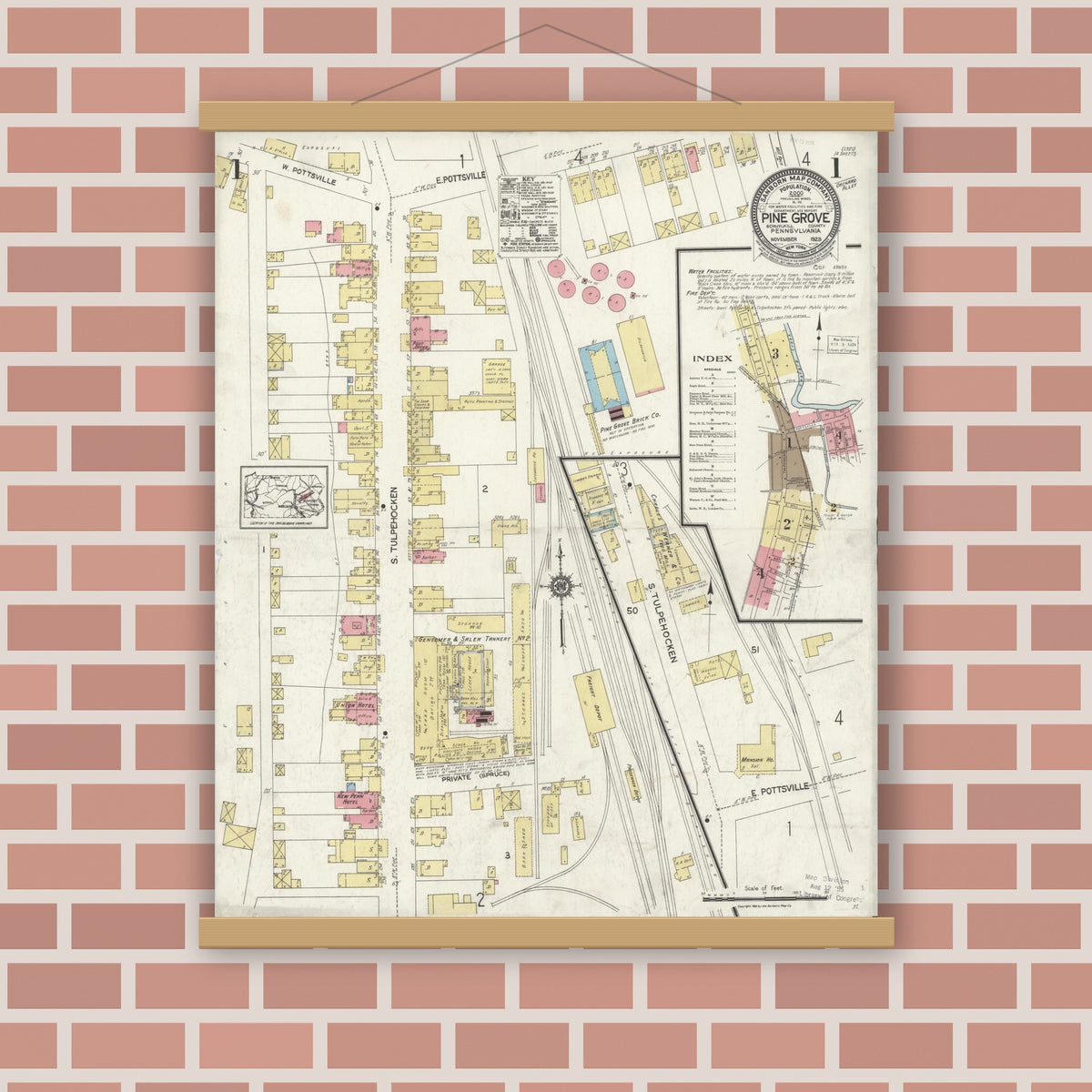 Old map wall art mockup — magnetic wood frame on brick wall — Sanborn Fire Insurance Map from Pine Grove, Schuylkill County, Pennsylvania (1923), Sheet #0001