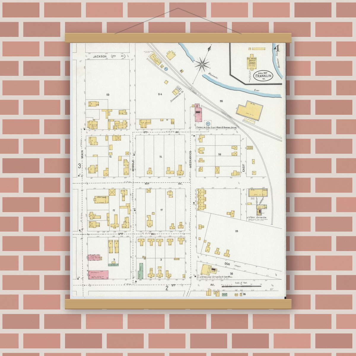 Old map wall art mockup — magnetic wood frame on brick wall — Sanborn Fire Insurance Map from Franklin, Independent Cities, Virginia (1907), Sheet #0004