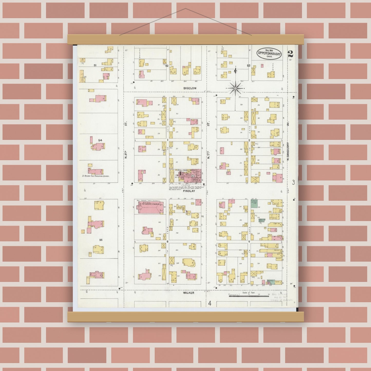 Old map wall art mockup — magnetic wood frame on brick wall — Sanborn Fire Insurance Map from Upper Sandusky, Wyandot County, Ohio (1902), Sheet #0002