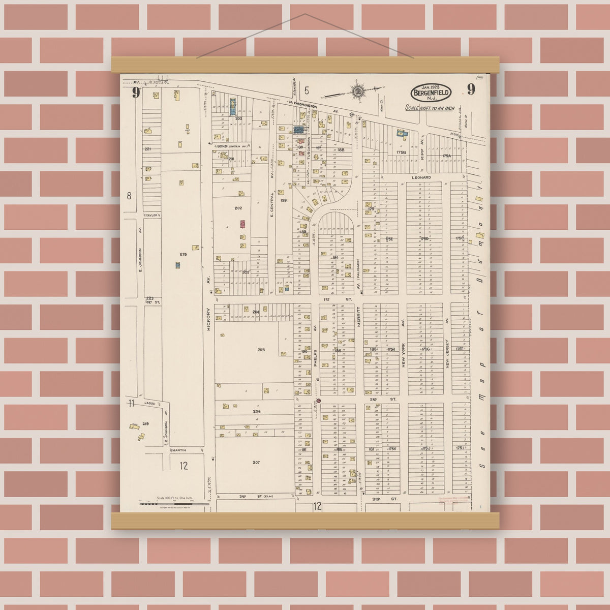 Old map wall art mockup — magnetic wood frame on brick wall — Sanborn Fire Insurance Map from Bergenfield, Bergen County, New Jersey (1923), Sheet #0009