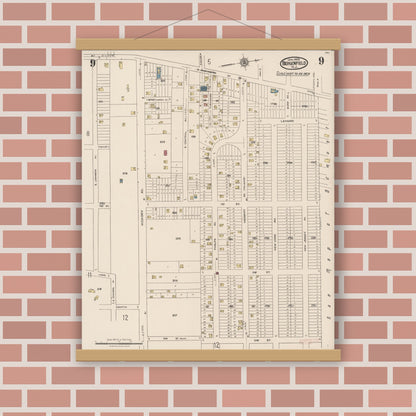 Old map wall art mockup — magnetic wood frame on brick wall — Sanborn Fire Insurance Map from Bergenfield, Bergen County, New Jersey (1923), Sheet #0009