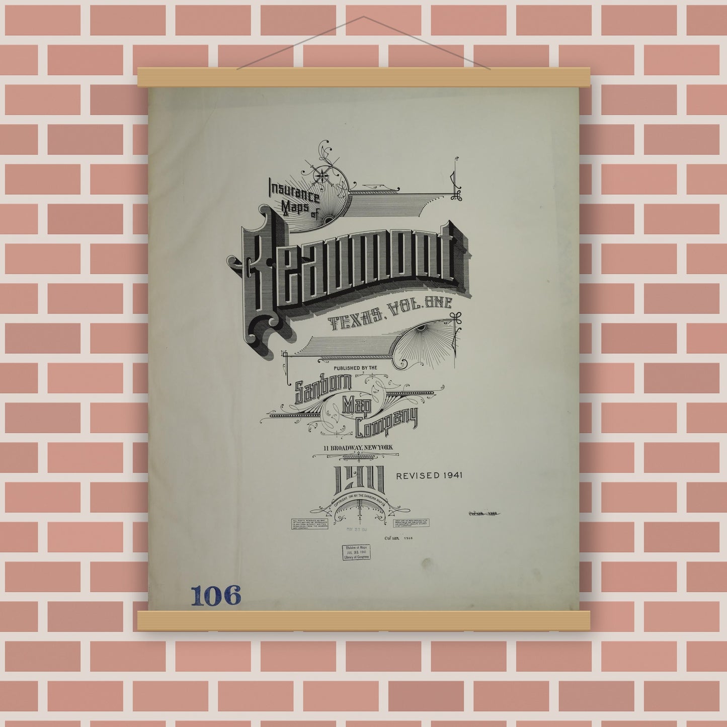 Old map wall art mockup — magnetic wood frame on brick wall — Sanborn Fire Insurance Map from Beaumont, Jefferson County, Texas (1941), Sheet #0001
