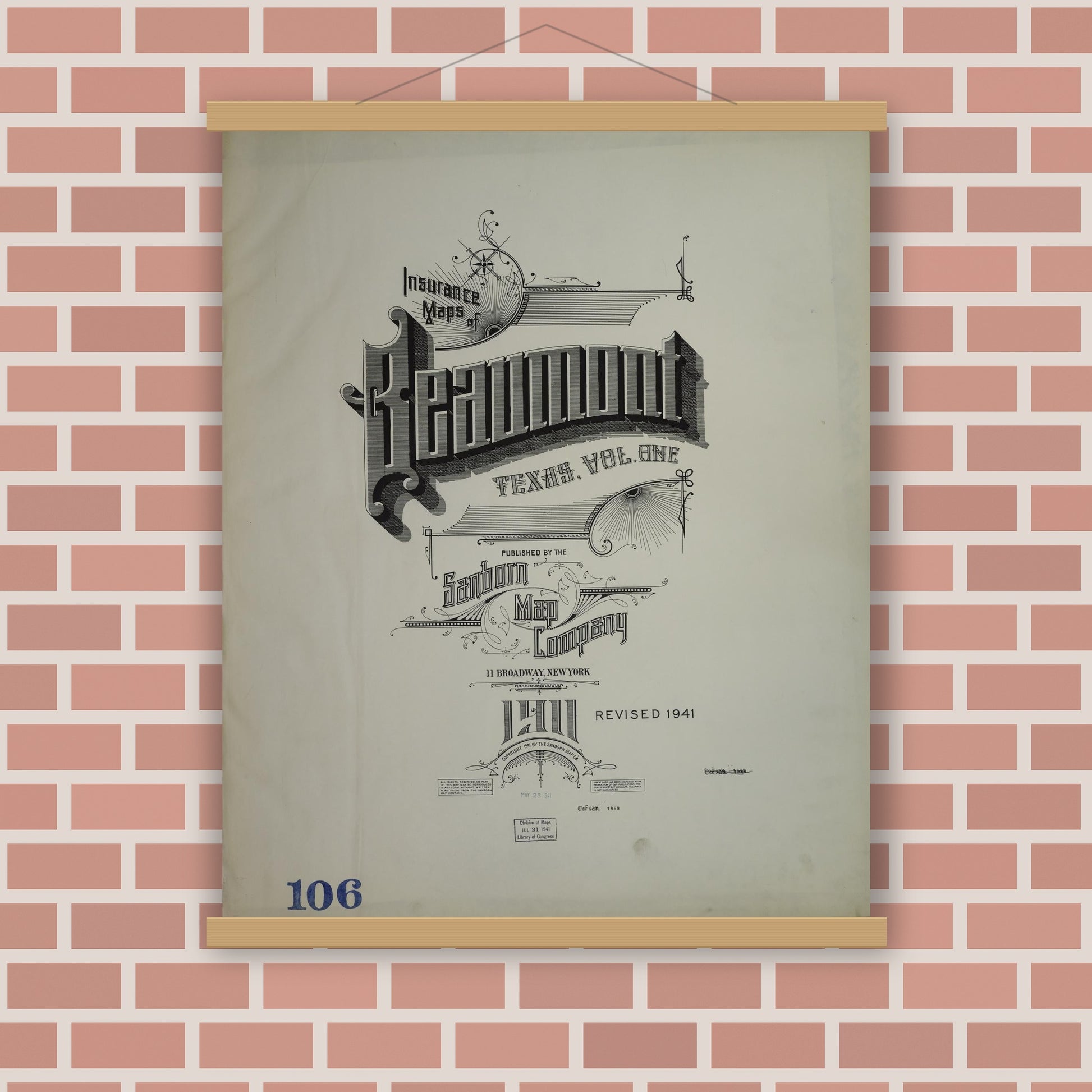 Old map wall art mockup — magnetic wood frame on brick wall — Sanborn Fire Insurance Map from Beaumont, Jefferson County, Texas (1941), Sheet #0001