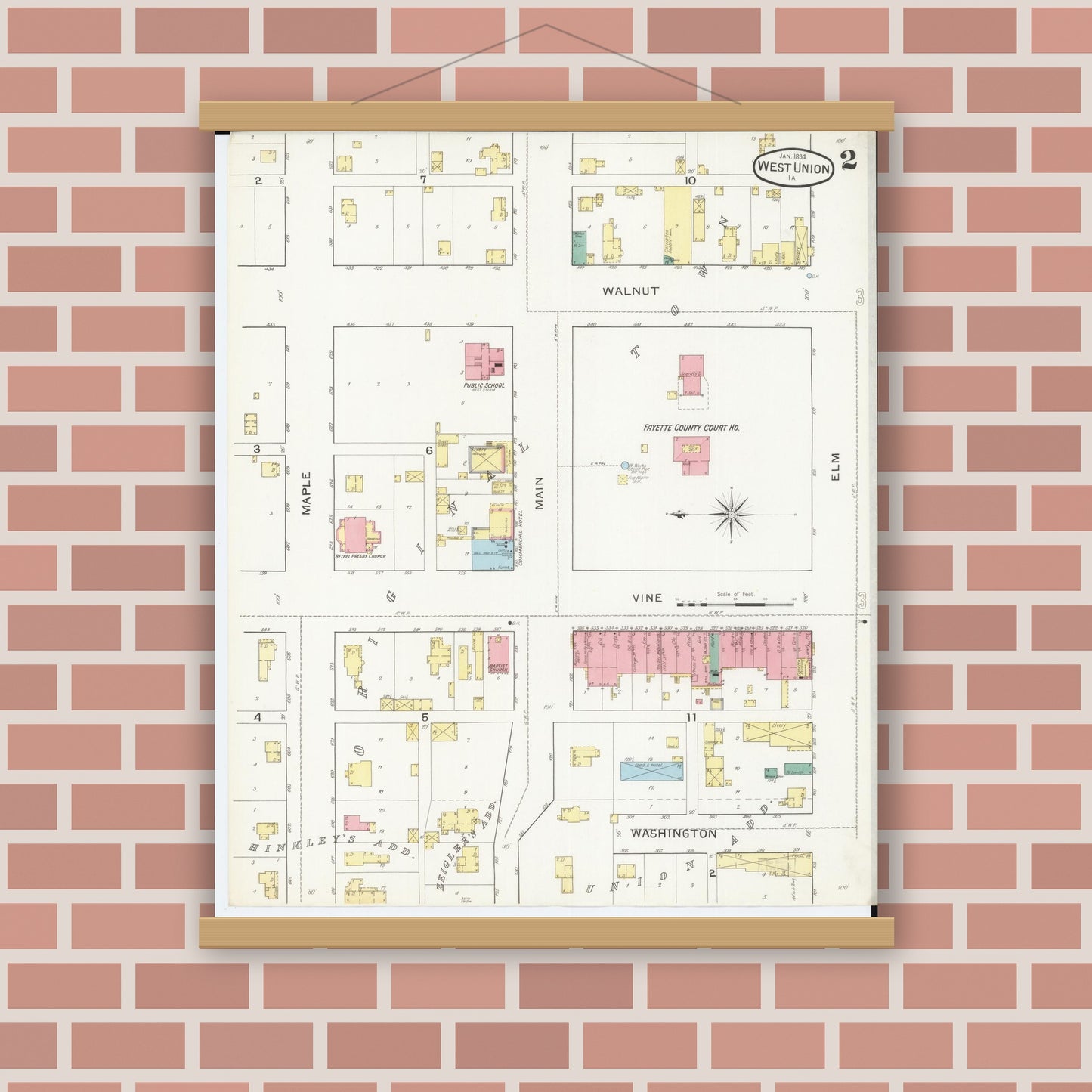 Old map wall art mockup — magnetic wood frame on brick wall — Sanborn Fire Insurance Map from West Union, Fayette County, Iowa (1894), Sheet #0002