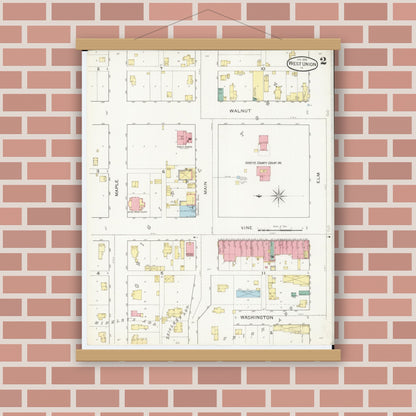 Old map wall art mockup — magnetic wood frame on brick wall — Sanborn Fire Insurance Map from West Union, Fayette County, Iowa (1894), Sheet #0002