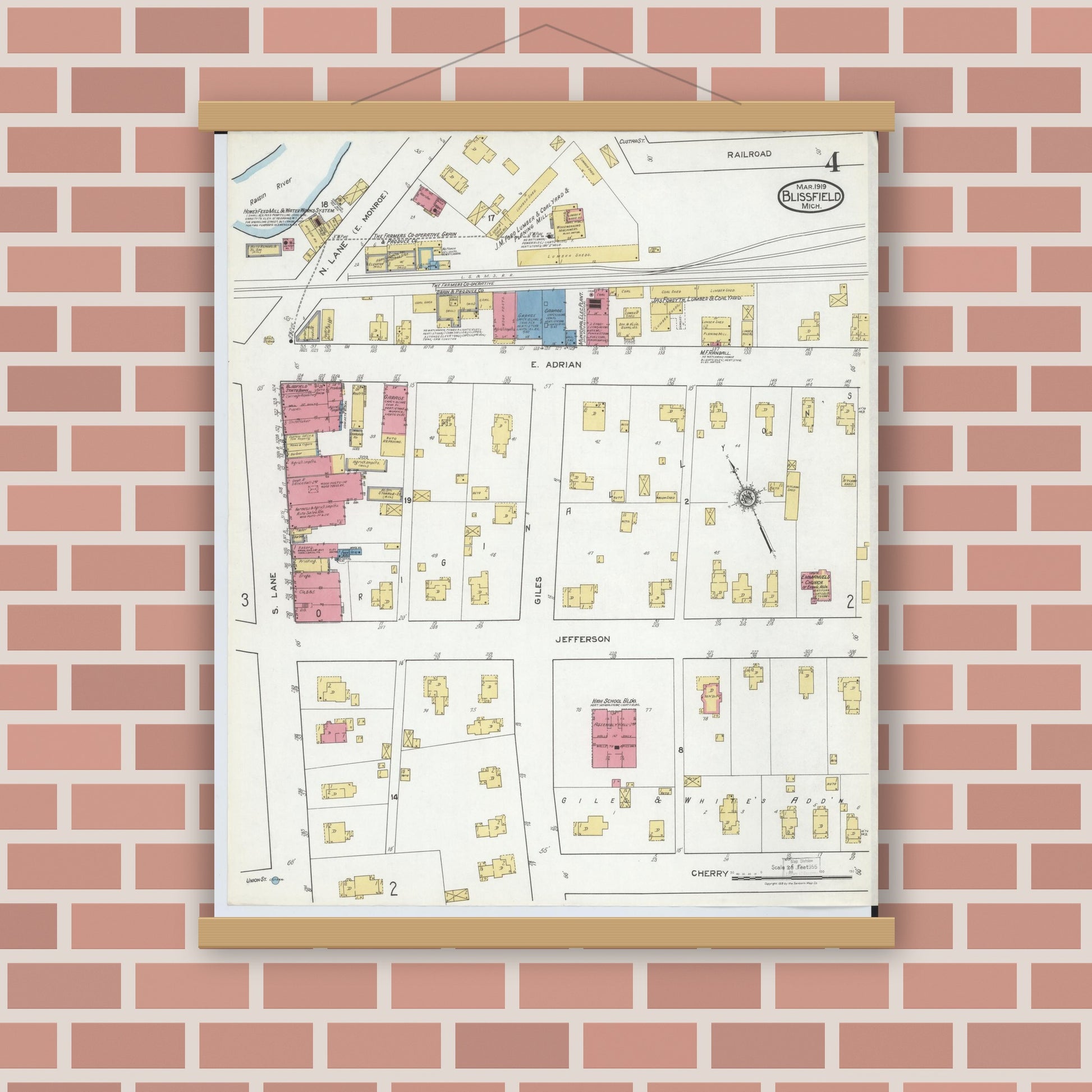 Old map wall art mockup — magnetic wood frame on brick wall — Sanborn Fire Insurance Map from Blissfield, Lenawee County, Michigan (1919), Sheet #0004