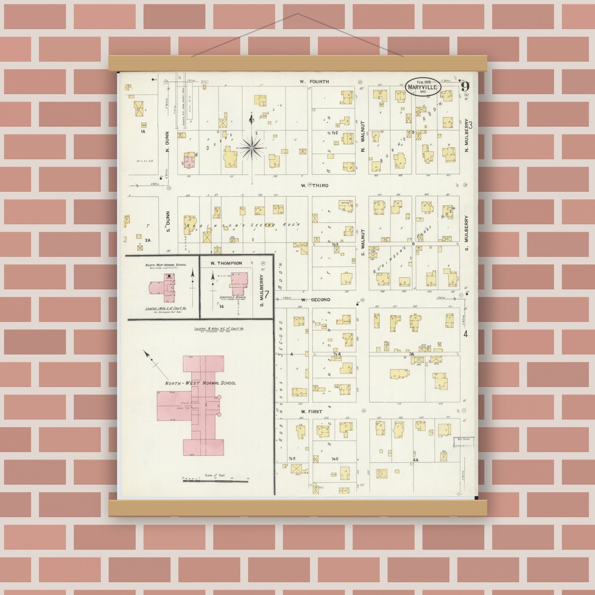Old map wall art mockup — magnetic wood frame on brick wall — Sanborn Fire Insurance Map from Maryville, Nodaway County, Missouri (1909), Sheet #0009