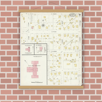 Old map wall art mockup — magnetic wood frame on brick wall — Sanborn Fire Insurance Map from Maryville, Nodaway County, Missouri (1909), Sheet #0009