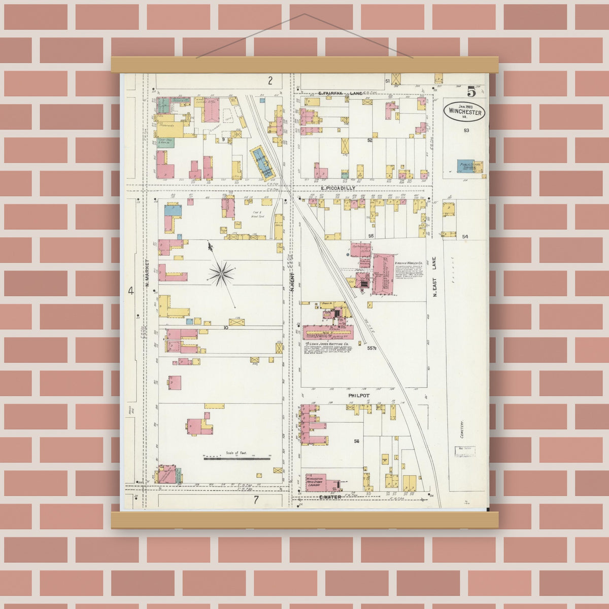 Old map wall art mockup — magnetic wood frame on brick wall — Sanborn Fire Insurance Map from Winchester, Independent Cities, Virginia (1903), Sheet #0005