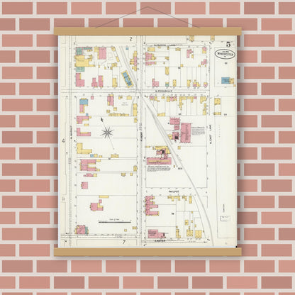 Old map wall art mockup — magnetic wood frame on brick wall — Sanborn Fire Insurance Map from Winchester, Independent Cities, Virginia (1903), Sheet #0005