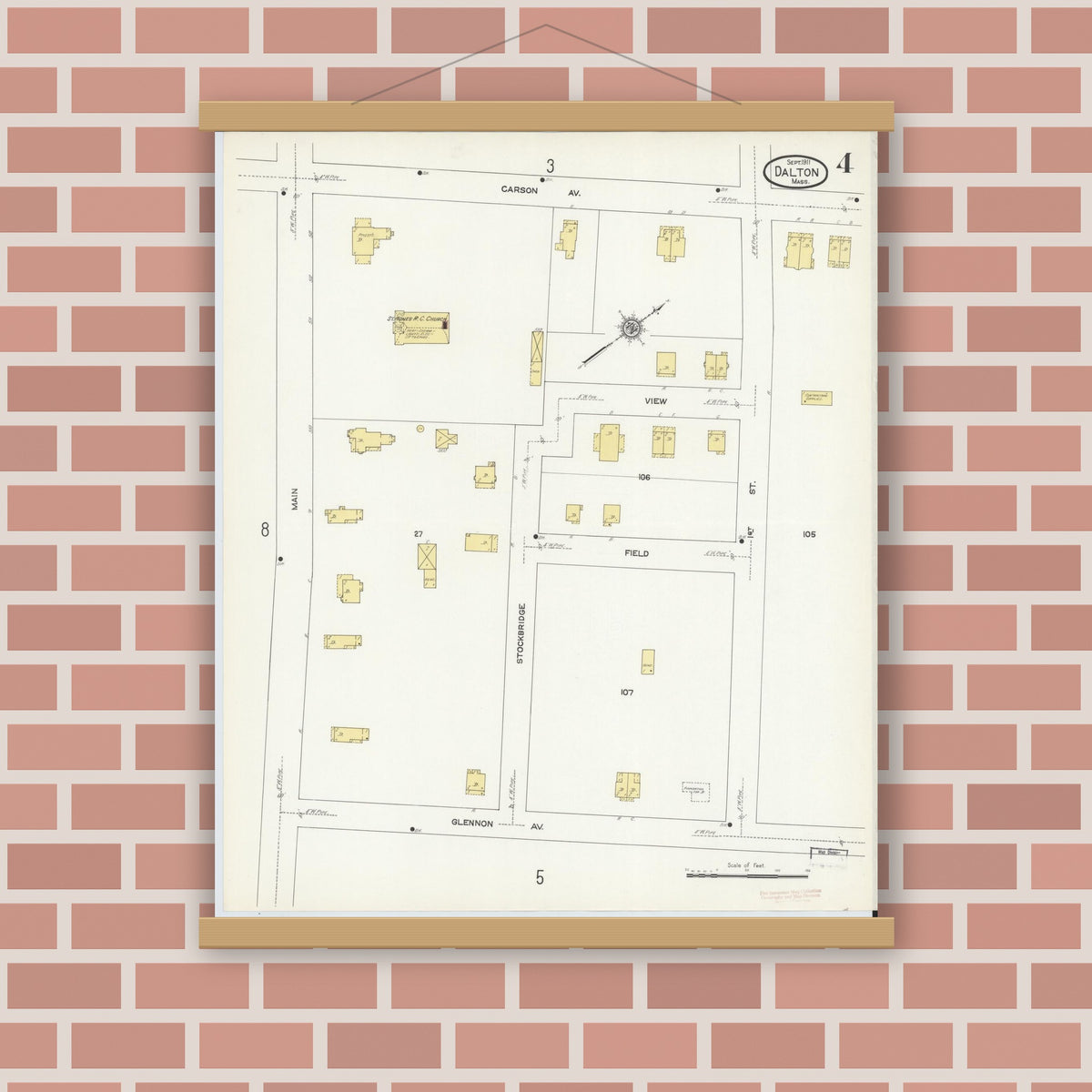 Old map wall art mockup — magnetic wood frame on brick wall — Sanborn Fire Insurance Map from Dalton, Berkshire County, Massachusetts (1911), Sheet #0004