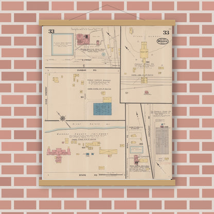 Old map wall art mockup — magnetic wood frame on brick wall — Sanborn Fire Insurance Map from Monroe, Monroe County, Michigan (1922), Sheet #0033