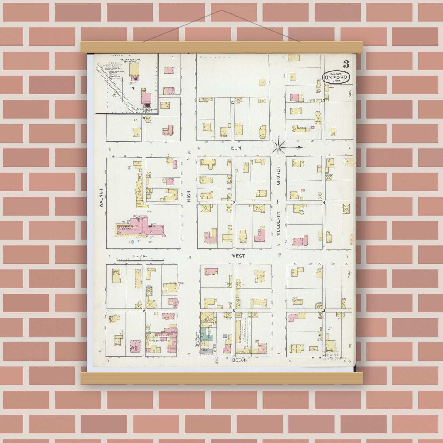 Old map wall art mockup — magnetic wood frame on brick wall — Sanborn Fire Insurance Map from Oxford, Butler County, Ohio (1892), Sheet #0003