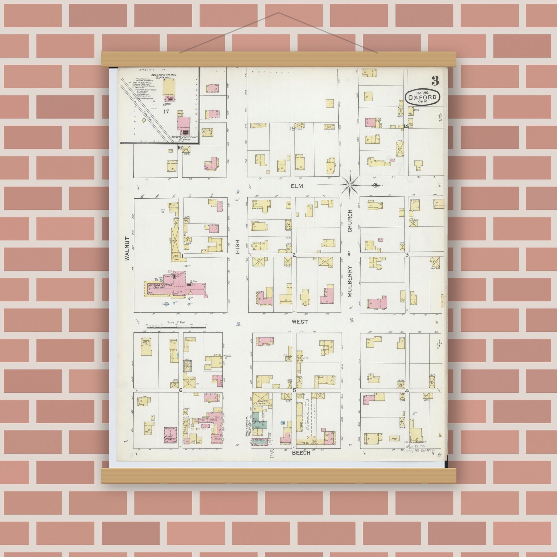 Old map wall art mockup — magnetic wood frame on brick wall — Sanborn Fire Insurance Map from Oxford, Butler County, Ohio (1892), Sheet #0003