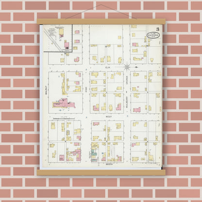 Old map wall art mockup — magnetic wood frame on brick wall — Sanborn Fire Insurance Map from Oxford, Butler County, Ohio (1892), Sheet #0003