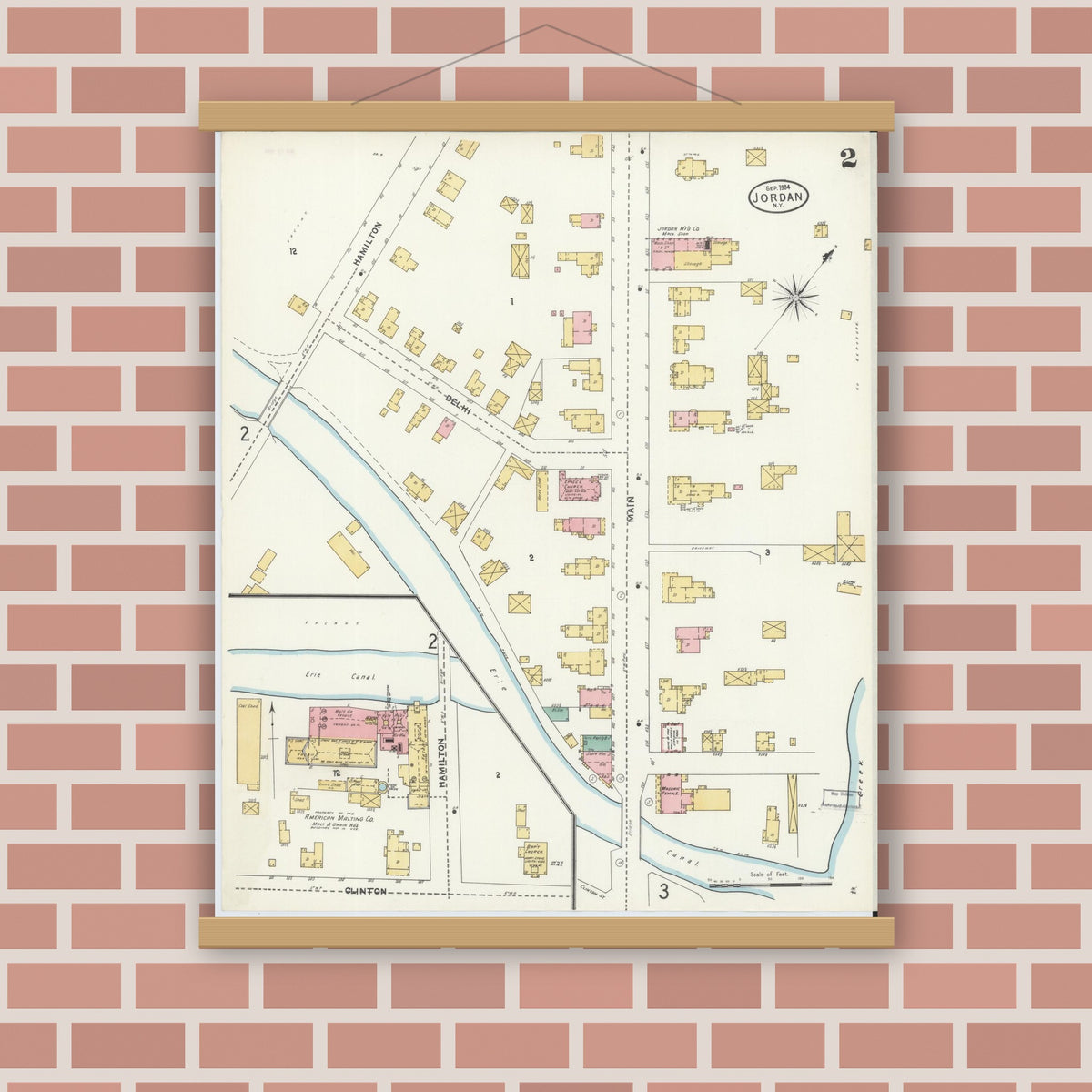 Old map wall art mockup — magnetic wood frame on brick wall — Sanborn Fire Insurance Map from Jordan, Onondaga County, New York (1904), Sheet #0002
