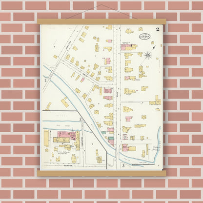 Old map wall art mockup — magnetic wood frame on brick wall — Sanborn Fire Insurance Map from Jordan, Onondaga County, New York (1904), Sheet #0002