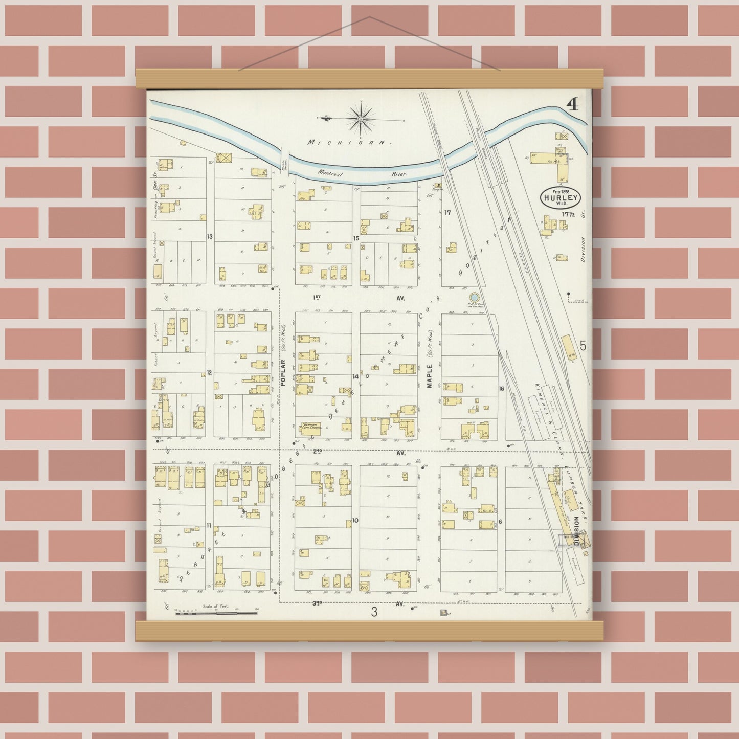 Old map wall art mockup — magnetic wood frame on brick wall — Sanborn Fire Insurance Map from Hurley, Iron County, Wisconsin (1898), Sheet #0004