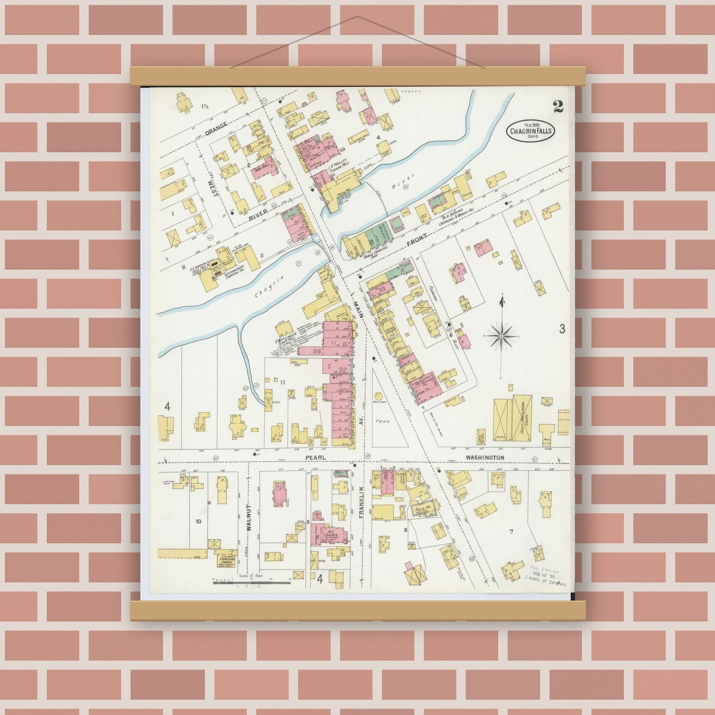 Old map wall art mockup — magnetic wood frame on brick wall — Sanborn Fire Insurance Map from Chagrin Falls, Cuyahoga County, Ohio (1899), Sheet #0002