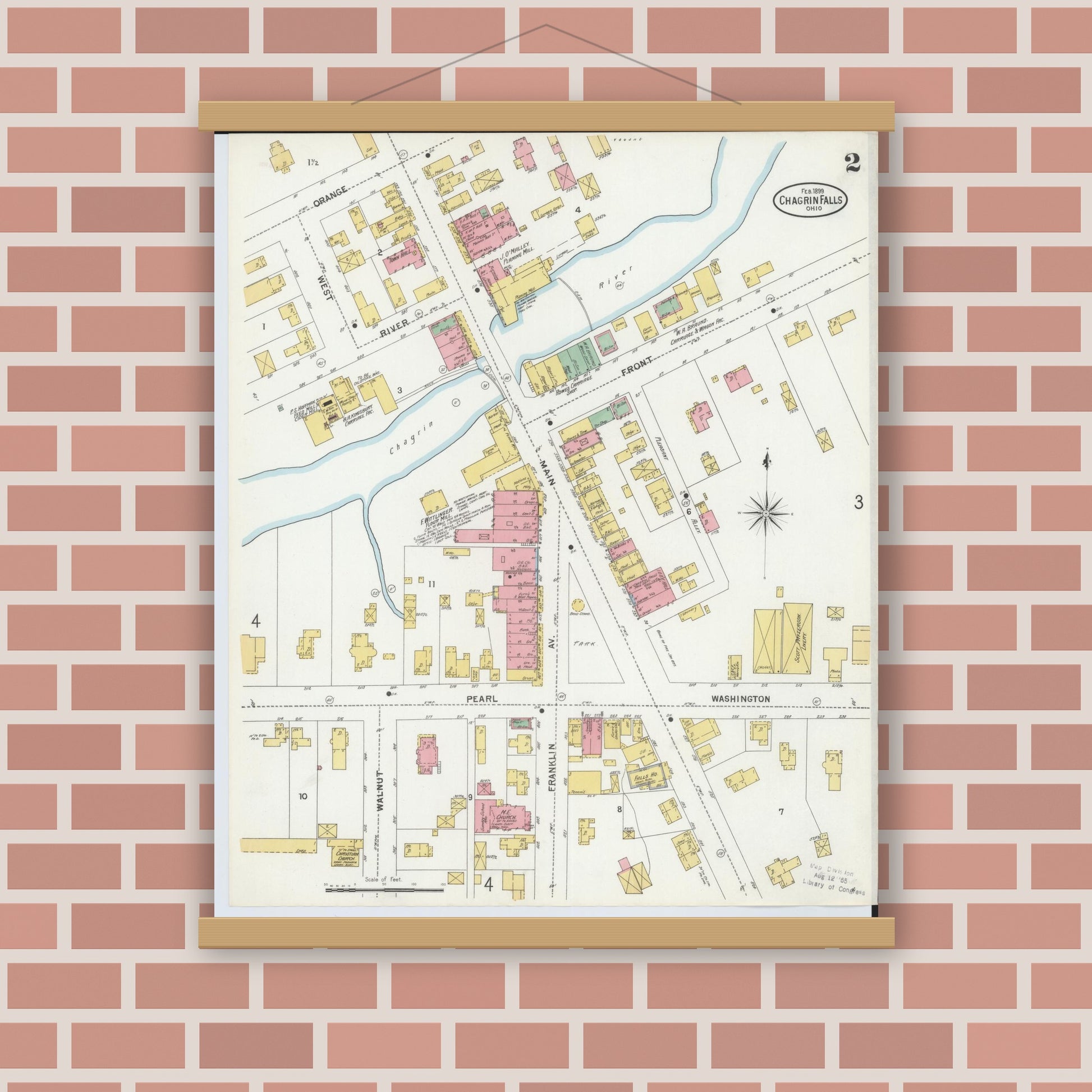 Old map wall art mockup — magnetic wood frame on brick wall — Sanborn Fire Insurance Map from Chagrin Falls, Cuyahoga County, Ohio (1899), Sheet #0002
