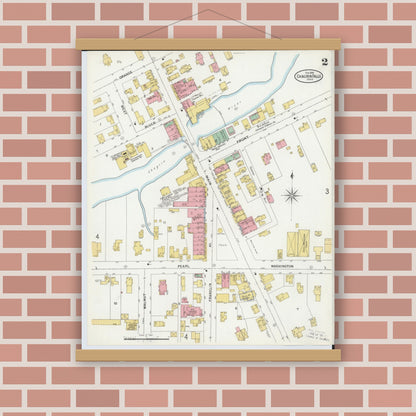 Old map wall art mockup — magnetic wood frame on brick wall — Sanborn Fire Insurance Map from Chagrin Falls, Cuyahoga County, Ohio (1899), Sheet #0002
