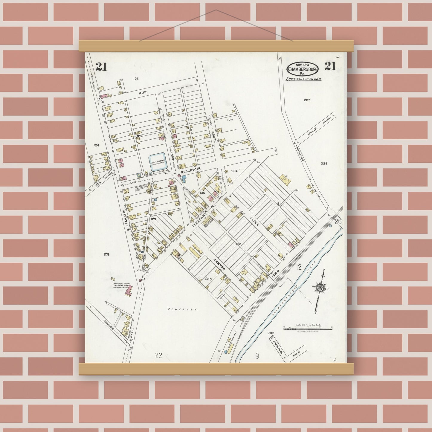Old map wall art mockup — magnetic wood frame on brick wall — Sanborn Fire Insurance Map from Chambersburg, Franklin County, Pennsylvania (1924), Sheet #0021