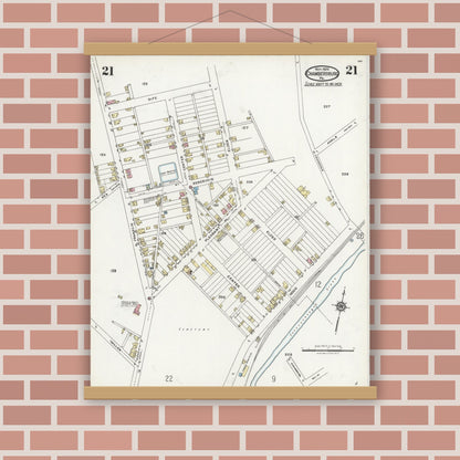 Old map wall art mockup — magnetic wood frame on brick wall — Sanborn Fire Insurance Map from Chambersburg, Franklin County, Pennsylvania (1924), Sheet #0021